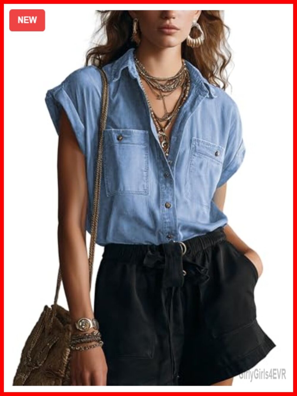 Denim Button Down Shirt Short Sleeve 100% Cotton Cap Sleeve Blouse